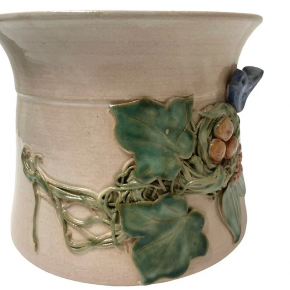 Hand Crafted Pottery Artisan Handmade Adornments Bird Nest Floral Ivy Blue Green